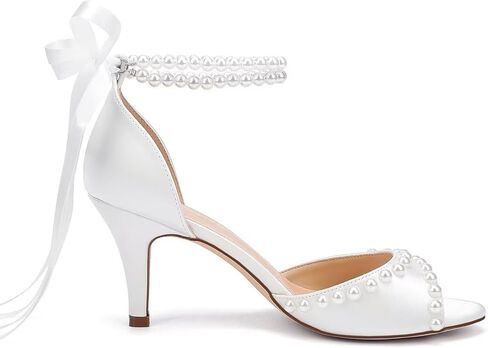 Low Heel Wedding Shoes for Bride Pearl Heels Bridal Shoes Women Wedding Sandals in Kuwait