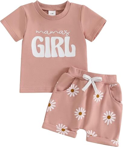 CIYCUIT Toddler Baby Girl Outfit – Short Sleeve Mama’s Girl Print T-Shirt & Daisy Shorts Set – 2-Piece Summer Clothes in Kuwait