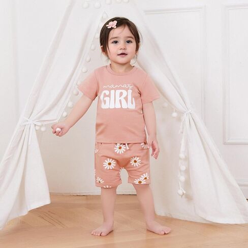 CIYCUIT Toddler Baby Girl Outfit – Short Sleeve Mama’s Girl Print T-Shirt & Daisy Shorts Set – 2-Piece Summer Clothes in Kuwait