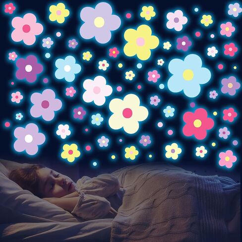 Glow in The Dark Y2k Cute Flowers Wall Decals，Glowing Luminous Colorful Boho Floral Wall Stickers Removable self-Adhesive Flower Decals for Girls Bedroom Kids Baby Nursery Living Room Decoration in Saudi Arabia