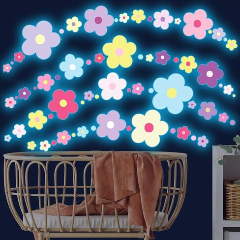 Glow in The Dark Y2k Cute Flowers Wall Decals，Glowing Luminous Colorful Floral Wall Stickers Colorful Removable self-Adhesive Preppy Hippie Stickers for Girls Bedroom (Lovely Color) in Saudi Arabia