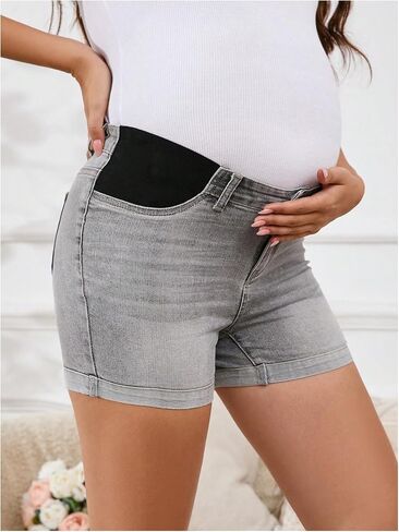 MakeMeChic Women's Maternity Denim Shorts Button Skinny Jeans Shorts with Pocket in Saudi Arabia