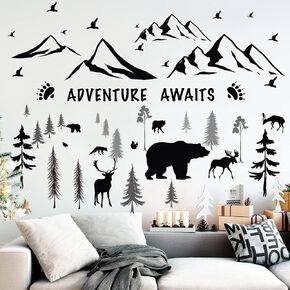 4 Sheets Mountain Wall Decal Rustic Nursery Wall Decals Dreamy Forest with Pine Tree Deer Peel and Stick Inspirational Quote Wall Stickers DIY Wall Decals for Kids' Room (Black,11.81 x 9.45 Inches)