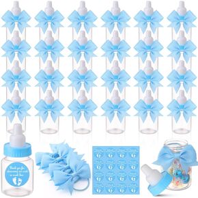 24 Sets 3.5 Inch Blue Mini Baby Bottles for Baby Shower Party Favor Game Plastic Milk Bottles with Thank You Showering Stickers and Bows Baby Shower Thank You Gifts for Guests Candy Decor