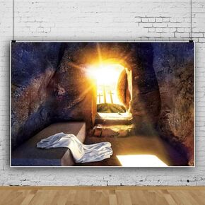 Leowefowa Durable Soft Fabric Resurrection of Jesus Easter Backdrop 10x8ft Sunrise Remote Holy Cross Empty Jesus Tomb Background for Photography Easter Day Church Event Activities Photo Studio Props