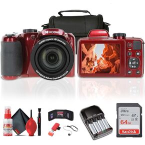 Kodak Pixpro AZ405 Digital Camera (AZ405RD) Bundle Including: 64 GB Memory Card, Rechargeable Batteries, Case, Neck Strap, Lens Caps, Full Cleaning Kit, Card Reader, Card Wallet, USB Cable, Cap Keeper