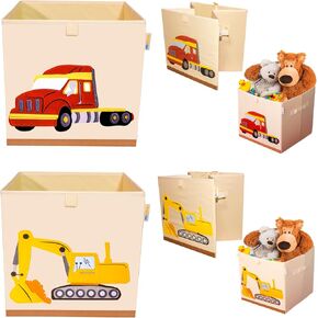Washable Toy Box Storage Cube, Canvas Toy Chest Organizer Foldable Kids Toy Storage Organizers for Child's Bedroom or Playroom -13x13x13 Inch (Truck+ Excavator)