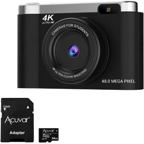 4K Digital Camera for Photography with Autofocus, 48MP Vlogging Camera for YouTube, 64GB SD Card, 2.8" Flip Screen, Compact for Travel with 8X Zoom, Flash, Anti-Shake, Rechargeable Battery (Pink)