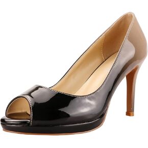 LEMUTISME Women's Patent Leather Sexy Slip On Peep Toe High Heel Dress Pumps Chic Glossy Open Toe Stiletto Heel Platform Sandals