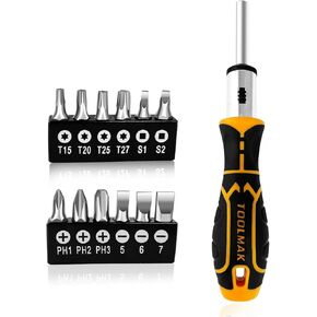 13-in-1 Ratcheting Screwdriver Set, Adjustable Multi-bit with Magnetic Tips (Flat, Phillips, Torx, Hex, Square, Nut Drivers), Cushion Grip Handle