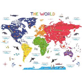 BASHOM SG2-115 Large Animal Landmarks World Map Wall Decals Educational Stickers for Kids Nursery Bedroom Living Room Classroom Peel Stick Removable Poster mapa Mundi para pared Art