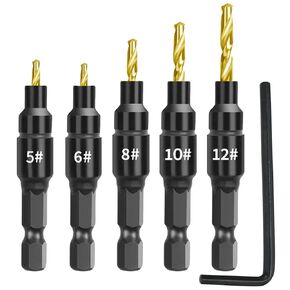 Upgraded SP515 Countersink Drill Bit Set, 5/64", 3/32", 7/64", 1/8", 9/64", for #5 6 8 10 12 Screws Holes, Depth Adjustable M2 Pilot Drill Bits, 82-Degree Chamfer, 1/4" Hex Shank, with Allen Wrench