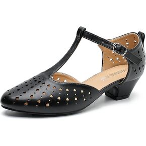 MAIERNISI JESSI Women's T-Strap Hollow Out Low Chunky Heel Mary Jane Closed Toe Pumps Summer Dress Shoes