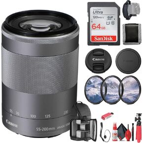 Canon EF-M 55-200mm f/4.5-6.3 is STM Lens (Silver) (1122C002) + 64GB Memory Card + Filter Kit + Backpack + Card Reader + Flex Tripod + Memory Wallet + Cap Keeper + Cleaning Kit + Hand Strap (Renewed)