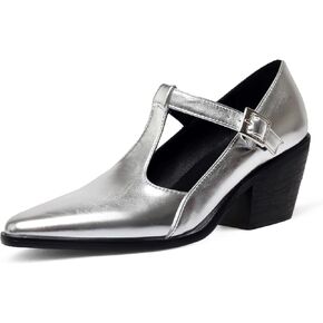 Women's T Strap Pumps Chunky Heel Dress Shoes Stylish Closed Pointed Toe Ankle Strap Patent Leather Party