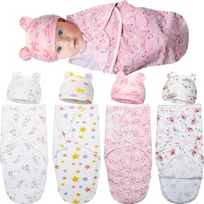 4 Pack Baby Swaddles with Zipper and Hat Preemie Swaddles for 0-3 Months Newborn Soft Cotton Organic Baby Swaddles(Cute Style,Elegant Color)
