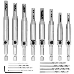 QWORK Self Centering Drill Bit Set, 17 Pcs 1/4" Hex Shank Hinge Hole Drilling Tool for Woodworking Window Door Cabinet Hinge