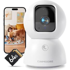 3K Smart Security Camera Indoor with 64GB SD Card,No Monthly Fee,Elderly/Baby Monitor Pet Camera, 360° View, Color Night Vision, AI Motion Tracking, 2-Way Talk,WiFi 6,Cloud Storage Option