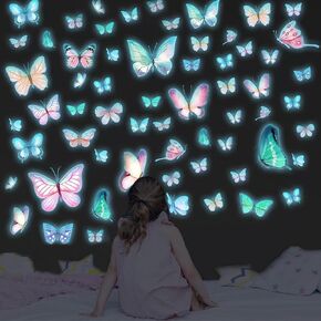 Glow in The Dark Butterfly Wall Decals 64PCS Glowing Luminous Butterfly Wall Stickers Colorful Glow Butterfly Wall Stickers Wall Art for Girls Bedroom Kids Baby Nursery Living Room Decoration