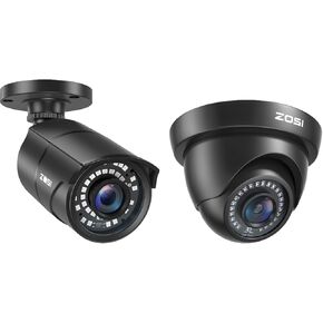ZOSI 2 x 2MP HD 1080p 1920TVL Security Camera Outdoor Indoor (Hybrid 4-in-1 HD-CVI/TVI/AHD/960H Analog CVBS), IR Night Vision, Weatherproof Surveillance CCTV Bullet Dome Camera