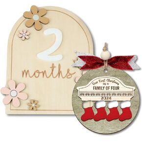 Baby Monthly Milestone Wooden Signs & Family of 4 Ornament – Gender Neutral Baby Keepsakes and Milestone Cards for New Parents and Home Décor