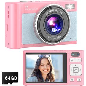 Digital Camera, 4K 64MP Autofocus UHD Dual Cameras 64GB TF Card, 18X Digital Zoom 2.8'' IPS Screen Portable Compact Point and Shoot Selfie Camera for Teens Beginner Adult, Pink & Blue