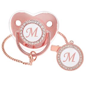 Bling Personalized Pink Baby Pacifier with Pacifier Clips and Anti-dust Cover A-Z 26 Letters(Pink,M)