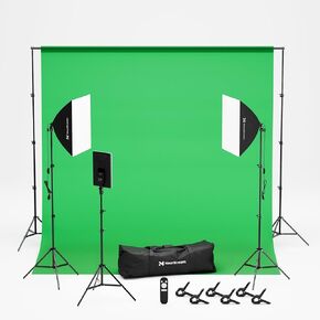 VK40 Professional Photography Lighting Kit with 9.8x9.8ft Green Backdrop with Stand, 24" Softbox Kit, 19" Pannel Light with Remote Control, Studio Equipment for Video Shoot/Photography