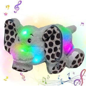 Hopearl LED Musical Stuffed Elephant with Hidden Pockets Light up Singing Plush Toy Stuffed Animal with 6 Mini Random Filled Toys Lullaby Animated Soothe Gifts for Kids Toddlers, Gray, 13''