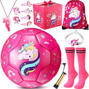 Size 3 Soccer Ball for Girls, Glitter Unicorn Soccer Ball Gifts Set for Girls Kids Age 3 and up with Pump and Drawstring Bag, Unicorn Toys Gifts for Girls