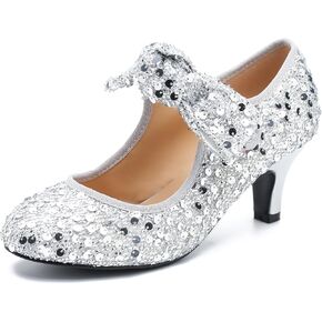 Womens Sequin Low Kitten Heels with Bow Mary Jane Dress Shoes Comfortable Vintage Dance Wedding Pumps