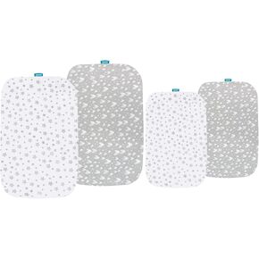 Cotton Sheets for 4moms Breeze Plus Portable Playard and Bassinet, Breathable and Heavenly Soft, Grey Hearts and White Stars Print for Baby
