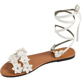 GORGLITTER Women's Flower Lace Up Sandals Floral Open Toe Strappy Tie Up Flat Sandals