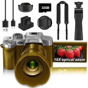 Camera for Photography, 10X Optical Zoom 4K Digital Camera, 75MP Vlogging Cameras for YouTube, WiFi Autofocus 3" 180° Flip Screen with 32GB Card, Tripod, 2 Batteries & Battery Charger, Black