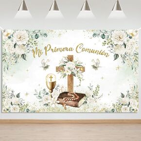 Mocsicka Mi Primera Comunion Backdrop Banner First Holy Communion Baptism Decorations Greeney Christening God Bless Party Photography Background Banner Photo Booth Props