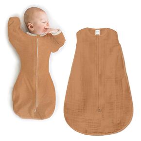 SwaddleDesigns Baby Sleep Sack Set, Butterum, 3-6 Mo Transitional Swaddle Sack with Arms Up Half-Length Sleeves & Mitten Cuffs and 0-6 Mo Cotton Muslin Wearable Blanket with 2-Way Zipper