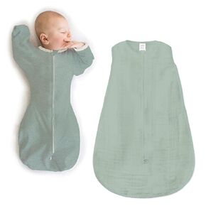 SwaddleDesigns Baby Sleep Sack Set, Jadeite, 3-6 Mo Transitional Swaddle Sack with Arms Up Half-Length Sleeves & Mitten Cuffs and 0-6 Mo Cotton Muslin Wearable Blanket with 2-way Zipper