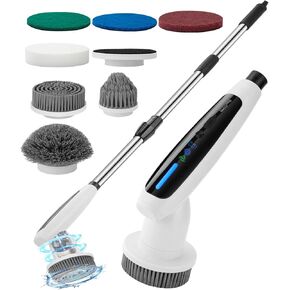 Electric Spin Scrubber,120 MIN Playtime cordless cleaning brush, 330 rpm for efficient cleaning, 7replaceable brush heads and 3 adjustable extension handles,suitable for home and bathroom floor(White)