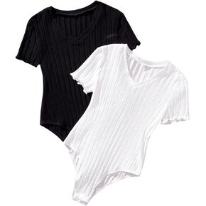 Milumia Girl's 2 Pack Ribbed Knit Tee Bodysuits Short Sleeve V Neck Lettuce Trim Jumpsuit Tops