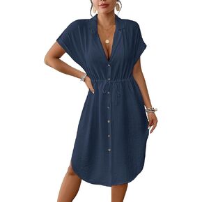 Bsubseach Women 2025 Swimsuit Coverup Button Bathing Suit Cover Ups Short Sleeve Shirt Cover Up Dress Beach Dress
