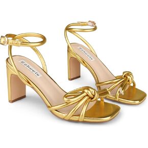 Zzheels Women's Square Toe Sandals Bowknot Chunky High Heels Strappy Bow Heels Dress Party Shoes