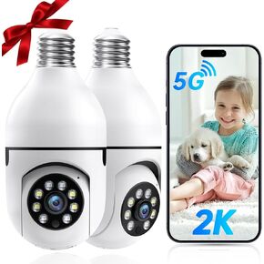 Light Bulb Security Camera -5G& 2.4GHz WiFi 2K Wireless Outdoor Camera Motion Detection and Alarm,Two-Way Talk,Color Night Vision, Light Socket Camera Compatible with Alexa (2 Pack)