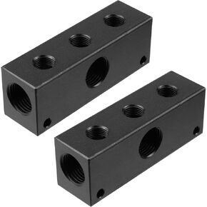 Antrader Air Manifold,2Pcs 3 Way 6 Port Air Compressor Manifold Pneumatic Manifold Air Distribution Block Air Hose Inline Manifold Block Splitter 0.75" Input Port 0.47" Output Port,Black