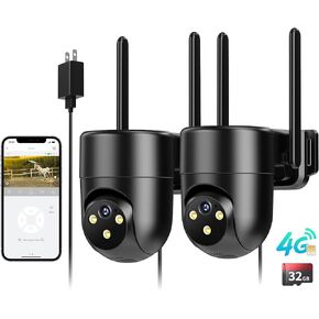 LIWAN 4G LTE Cellular Security Camera Wired Outdoor, No WiFi Security Camera, Plug-in for 24/7 Recording, 2K Color Night Vision, 2-Way Talk, Built-in SIM Card and 32G Memory Card, Black, 2 Pack