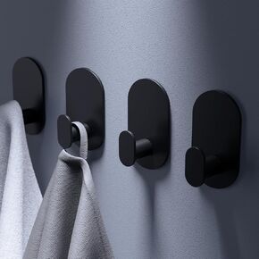 Adhesive Hooks Towel Wall Hooks for Bathrooms, Stainless Steel Waterproof Hooks for Hanging Coat, Hat, Towel, Key, Sticky Hooks for Bathroom, Matte Black - 4 Pack