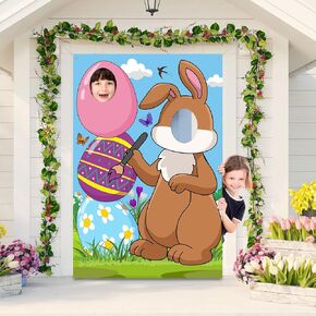 Easter Party Decorations Easter Bunny Photo Door Banner Large Fabric Happy Easter Photo Props Egg Bunny Face Backdrop in Hole Banner Easter Party Favor, Funny Easter Game Supplies for Kids Adults