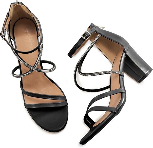 Ecetana Heels for Women Open Toe Ankle Strap Buckle Rhinestone Sandals Block Chunky Sexy Shoes for Party Wedding in Kuwait