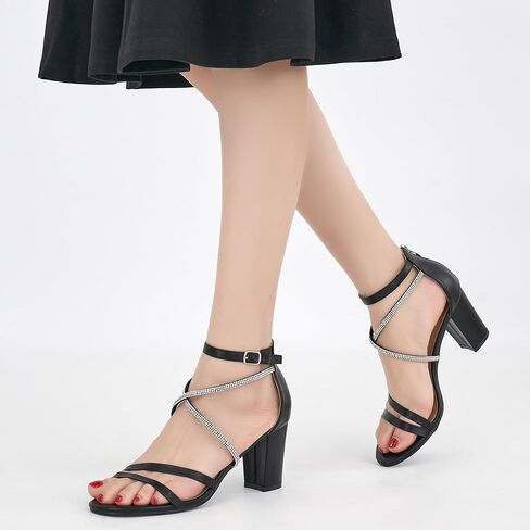 Ecetana Heels for Women Open Toe Ankle Strap Buckle Rhinestone Sandals Block Chunky Sexy Shoes for Party Wedding in Kuwait