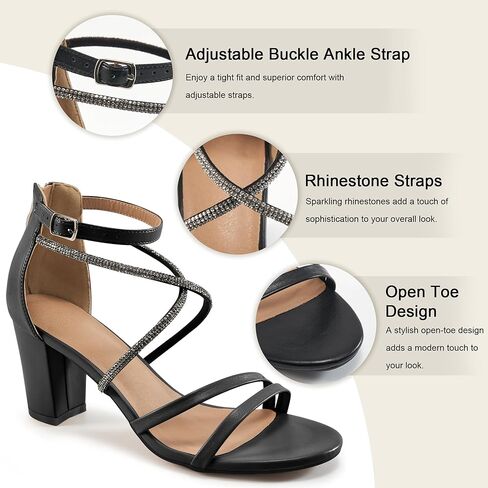 Ecetana Heels for Women Open Toe Ankle Strap Buckle Rhinestone Sandals Block Chunky Sexy Shoes for Party Wedding in Kuwait