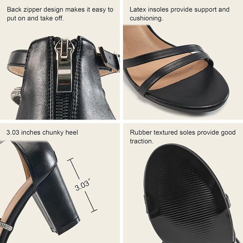Ecetana Heels for Women Open Toe Ankle Strap Buckle Rhinestone Sandals Block Chunky Sexy Shoes for Party Wedding in Kuwait